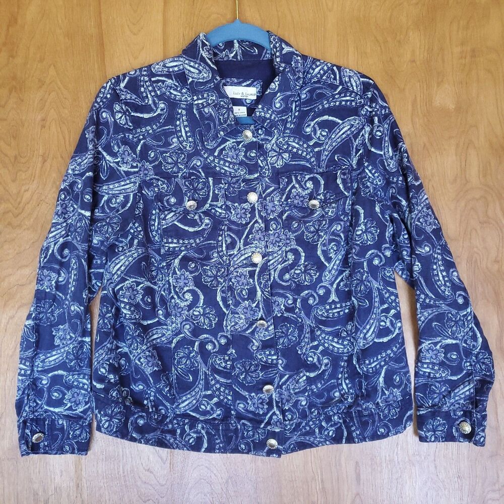 Vintage Lucy & Laurel Woman 100% Linen Paisley Floral Jacket Blue Size X
